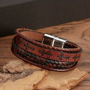 Braided Leather Cross Stamped Silver Catch Bracelet!